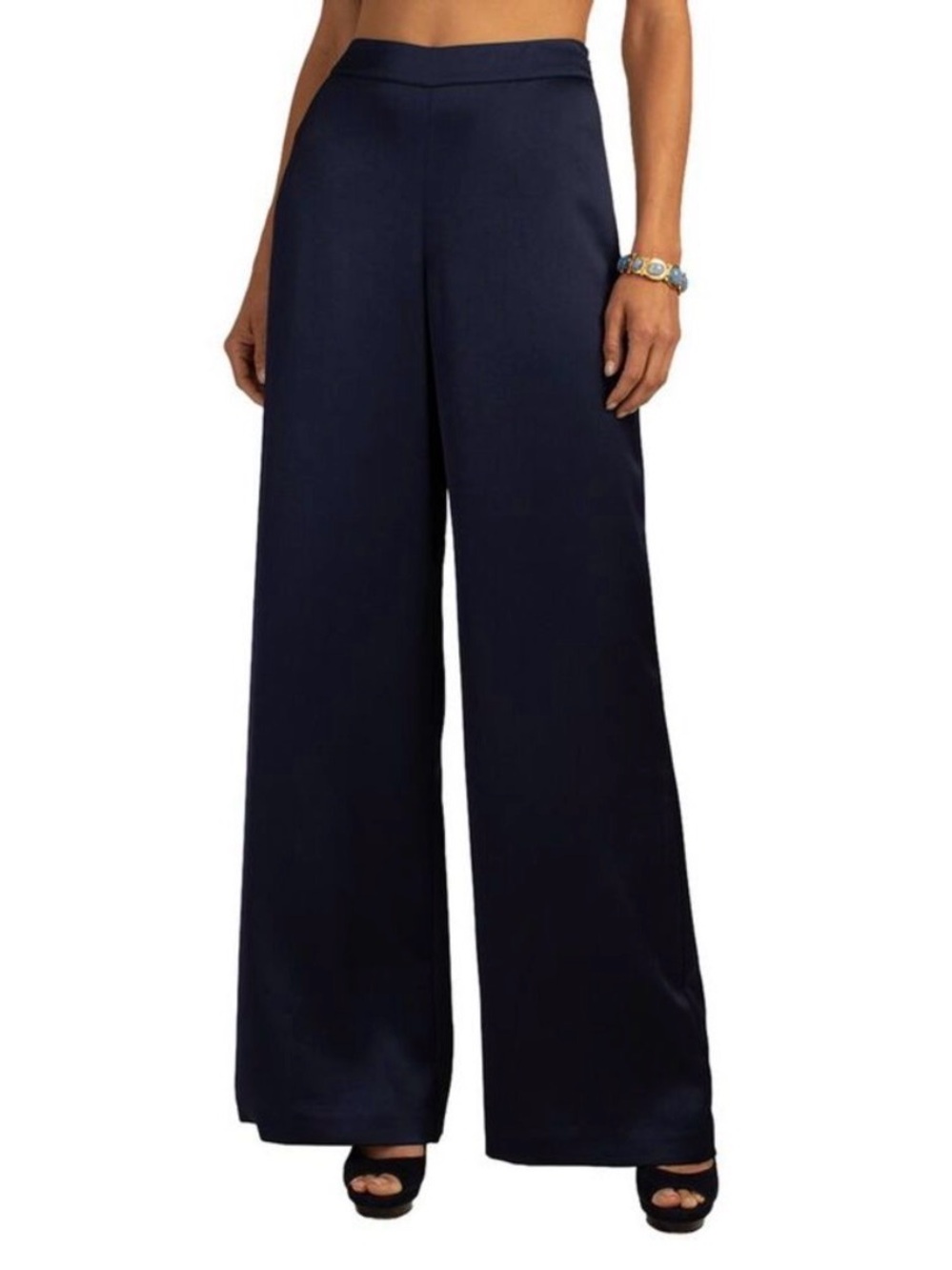 Trina Turk Long Weekend Pant Navy Blue Satin Wide Leg Drapey Resort Wear Size 12
